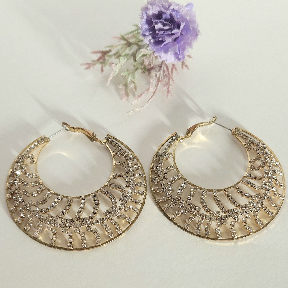 Gold Tone Crystal Hoop Earrings Large Crystal Statement Hoop Earrings - Picture 3 of 14